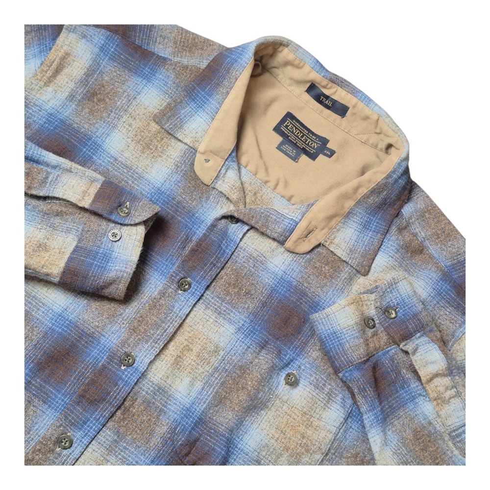 Pendleton Men's XXL Trail Shirt Plaid Virgin Wool Elbow Patch Blue Brown